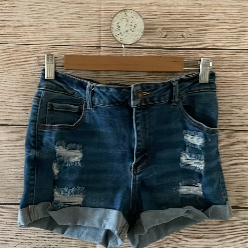 Wax Jean Collection Blue Distressed Denim Cuffed Jean Short Large